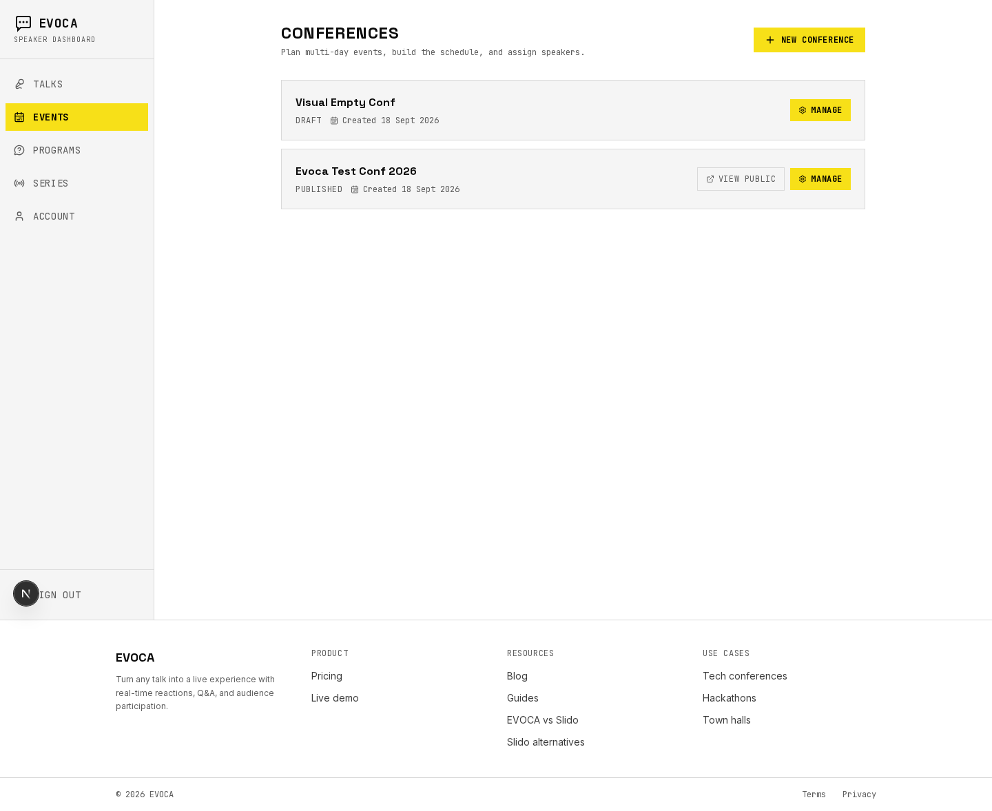Events list to start a hackathon-style conference