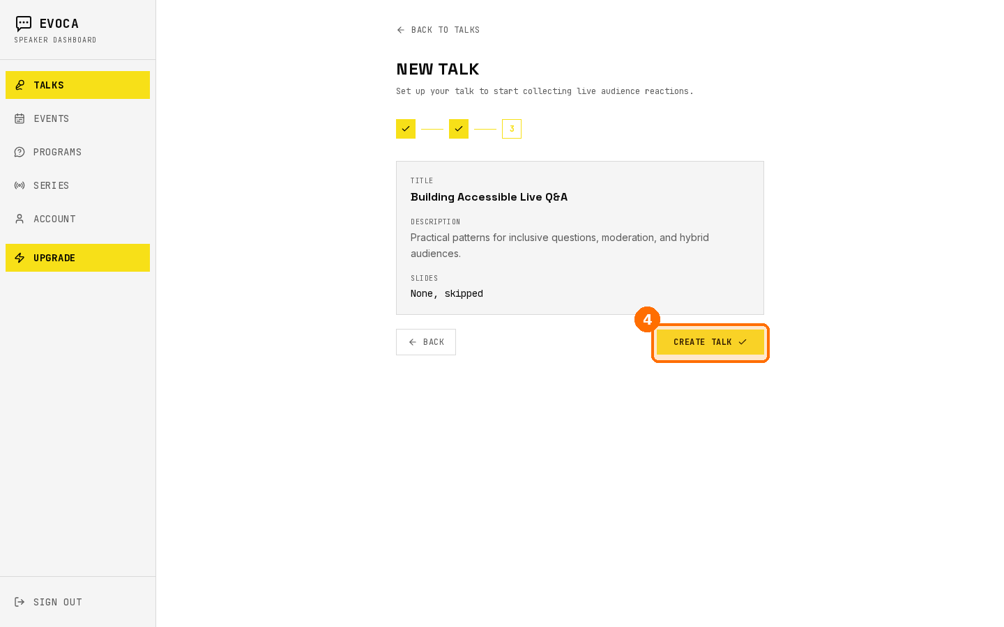 New Talk step 3 confirm screen