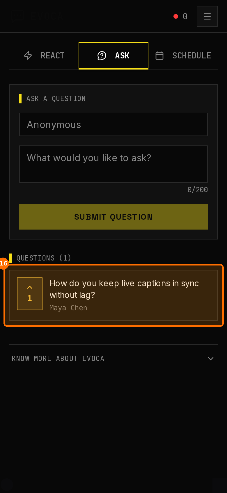 Attendee Ask tab after submit with the question visible in the list