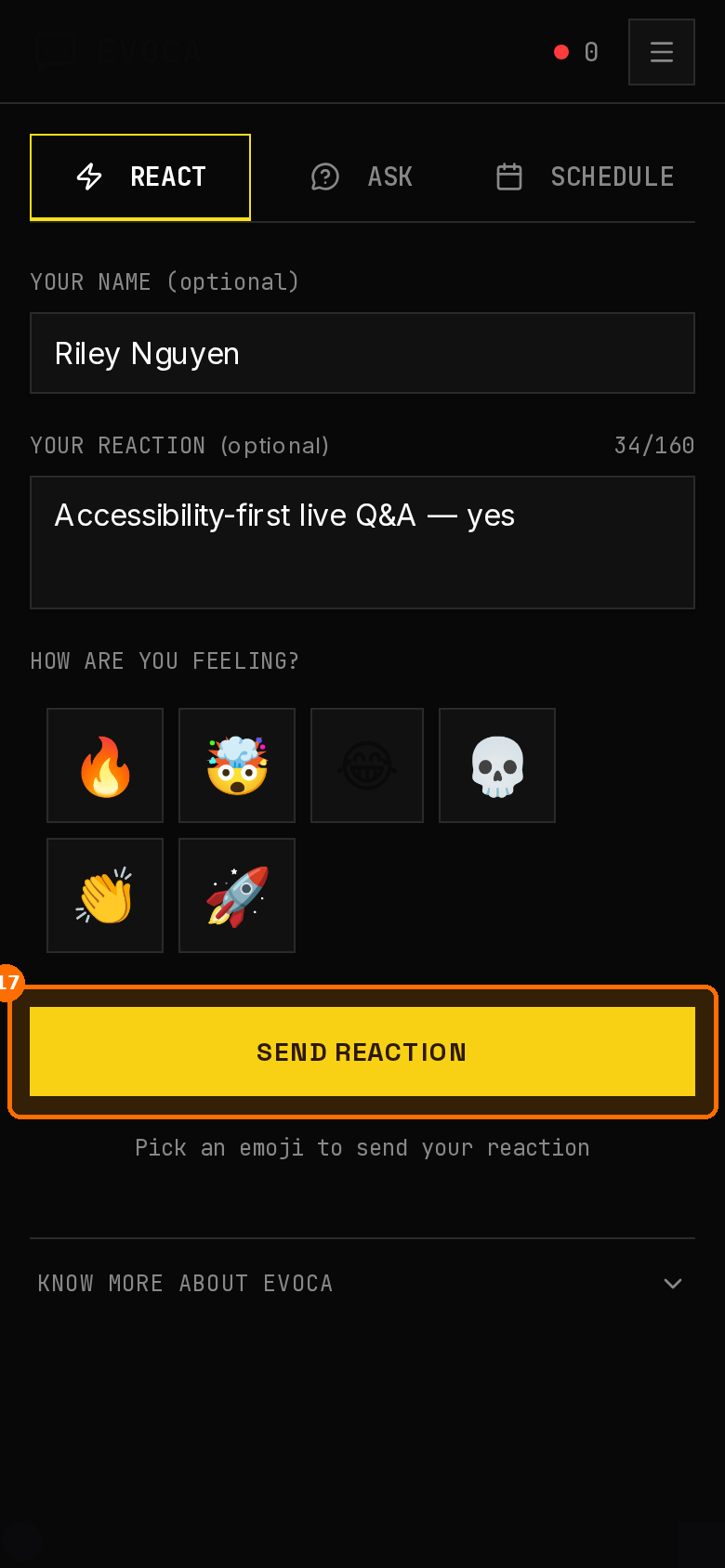 Attendee app sending live reactions