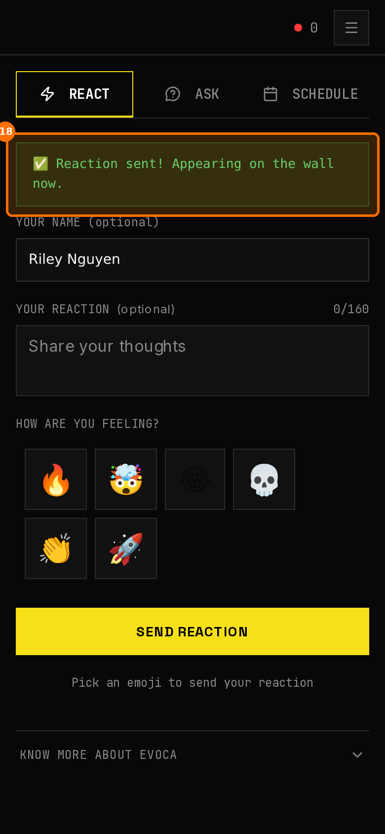 Attendee React tab with Reaction sent success banner