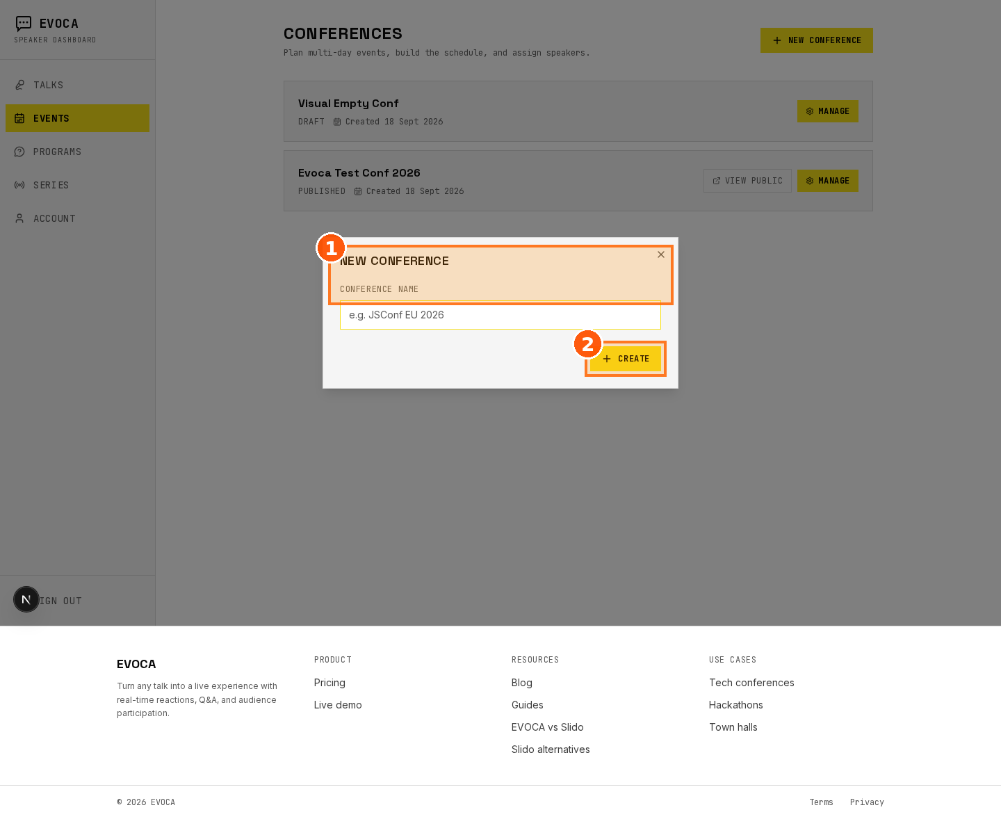 New Conference modal with name field and Create highlighted