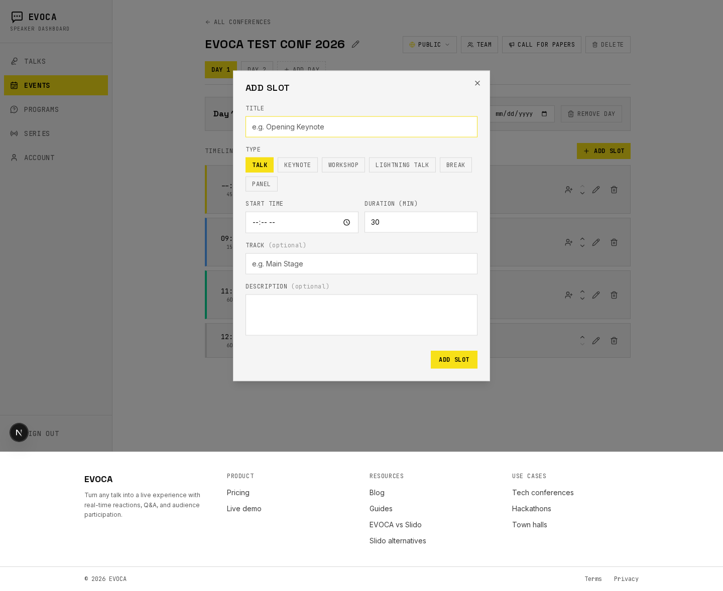 Add slot modal on the conference schedule