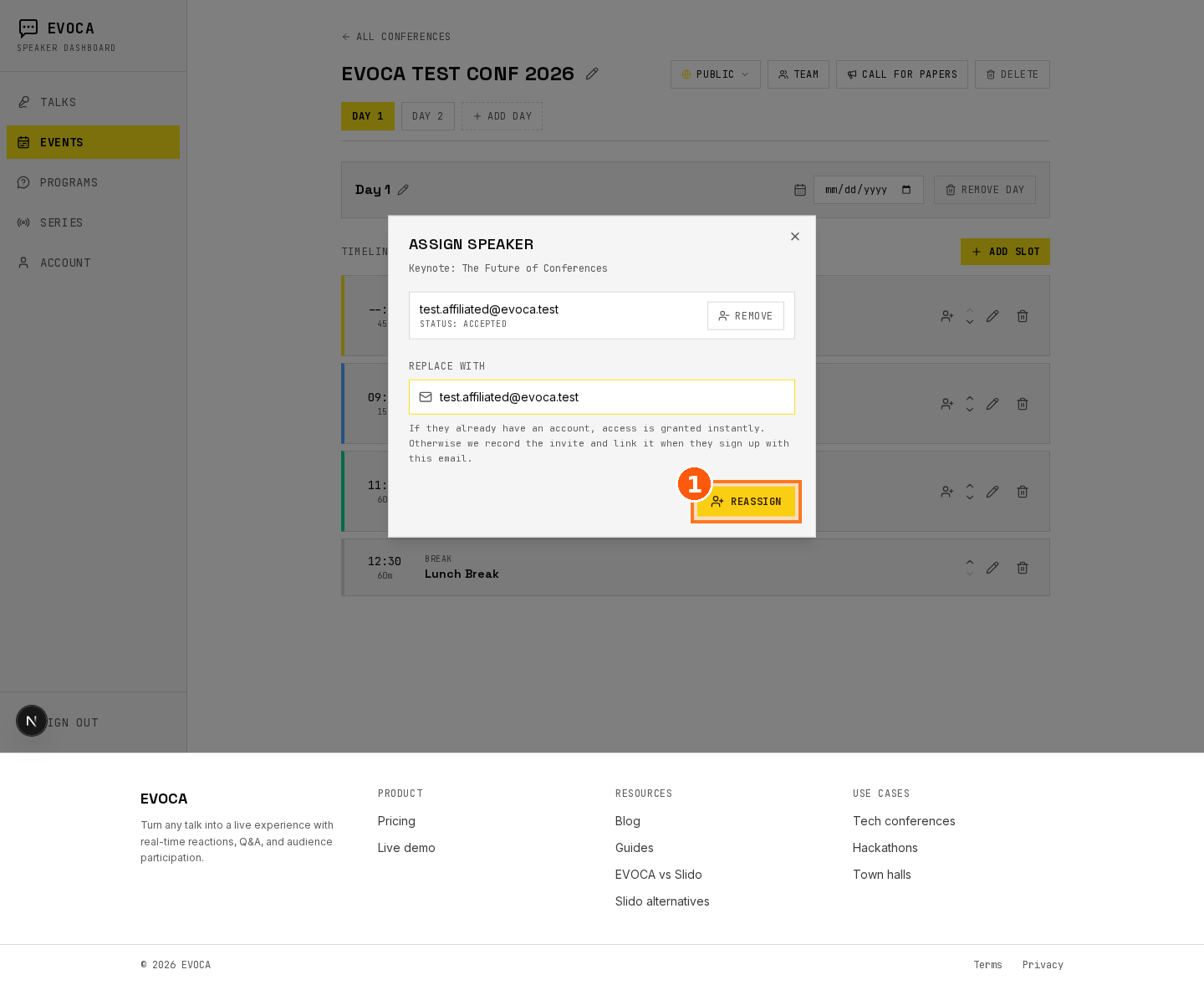 Assign speaker modal for a schedule slot with reassign CTA highlighted