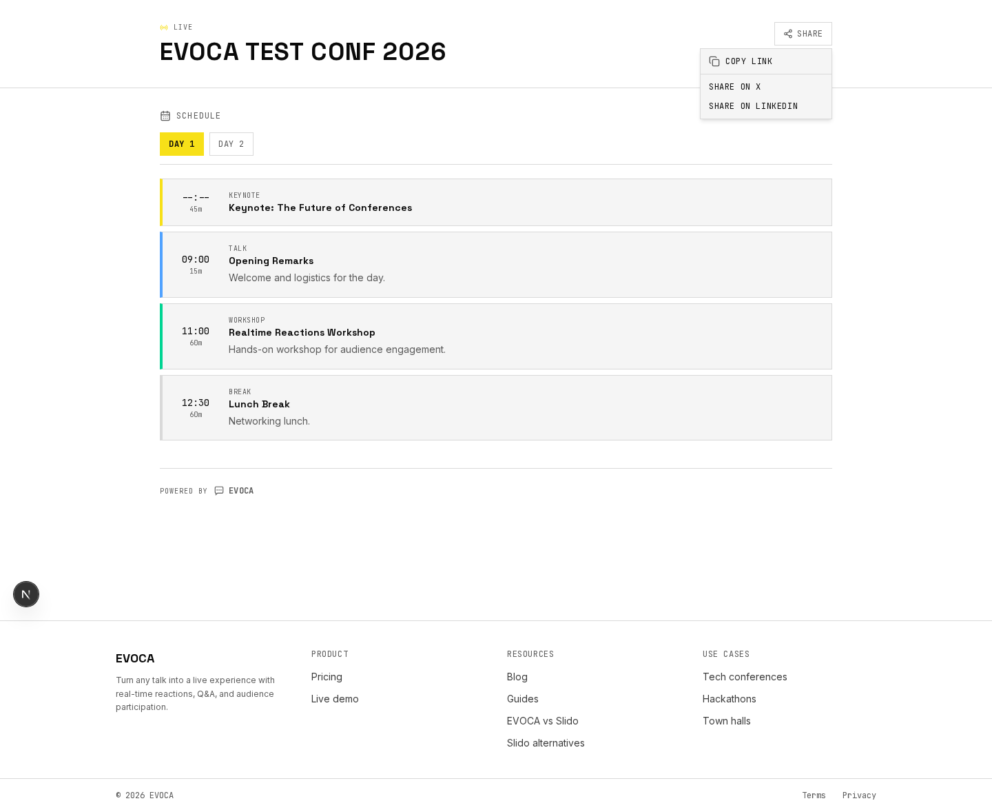 Share conference page menu with copy link